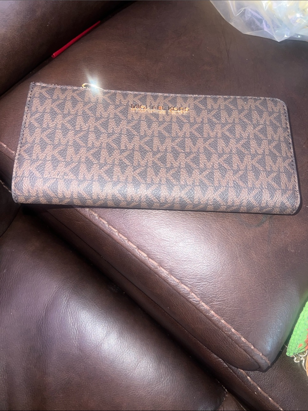 Michael Kors Brown MK Signature Continental Zip Wallet with Gold Hardware